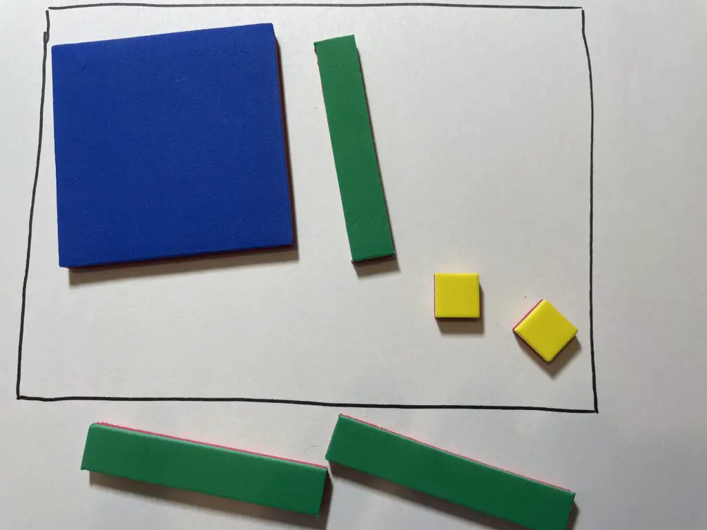 A large 2-dimensional box contains 1 blue algebra tile representing x-squared, 1 green algebra tile representing x, and 2 yellow algebra tiles representing single units. Outside of the drawn box are two "removed" green "x" tiles.
