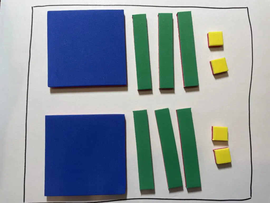 An algebra tiles workspace where the tiles are broken into two groups, each group containing one large blue "x-squared" tile, three long green "x" tiles, and two small yellow "unit" tiles.
