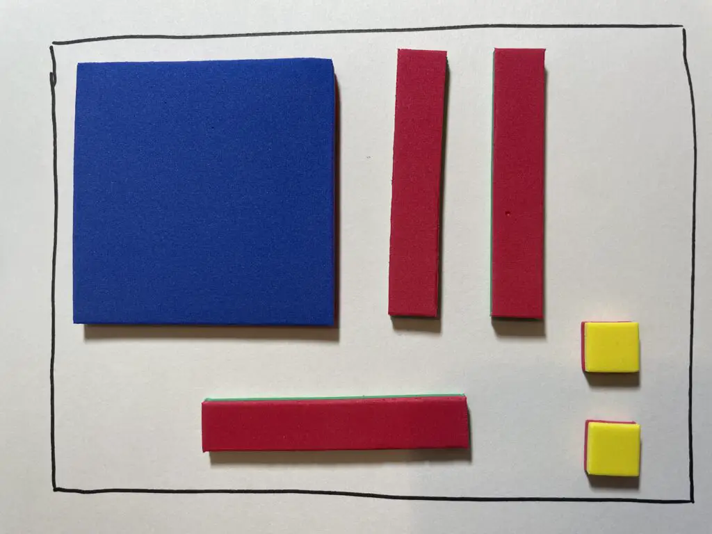 An algebra tiles workspace with one large x-squared square, three long red opposite-x tiles, and two small yellow unit squares.