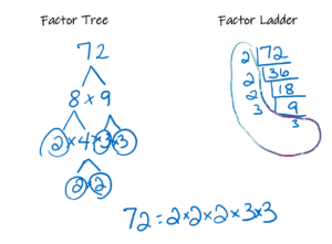 On the left, a factor tree showing the prime factorization of 72. On the right, a factor ladder showing the prime factorization of 72. At the bottom, the prime factorization of 72 written out long form without exponents.