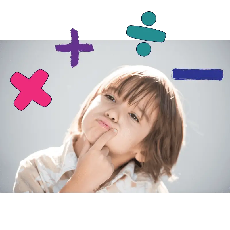 Young child pondering with arithmetic signs floating above their head.