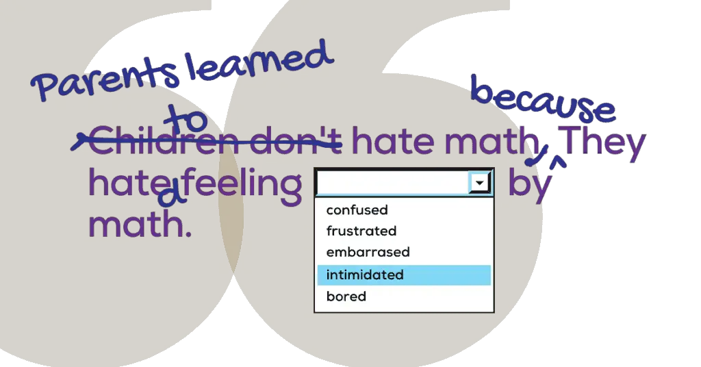 Edited quote image: original quote reads "Children don't hate math. They hate feeling [blank] by math, where there is a dropdown menu of negative feelings such as confused, frustrated, embarrassed, intimidated, and bored in place of the blank. The amendment reads "Parents learned to hate math because they hated feeling [blank] by math" with the same dropdown menu in the blank.