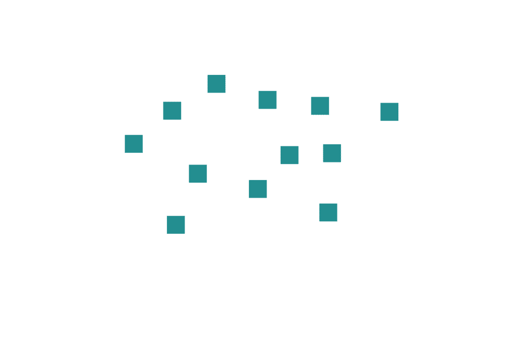 Twelve small teal-colored squares scattered around haphazardly