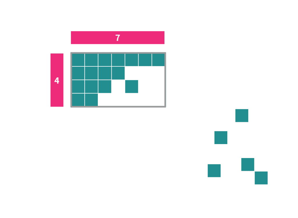 Some of the small teal squares have been moved into the rectangle and lined up. But the rectangle's not full yet.