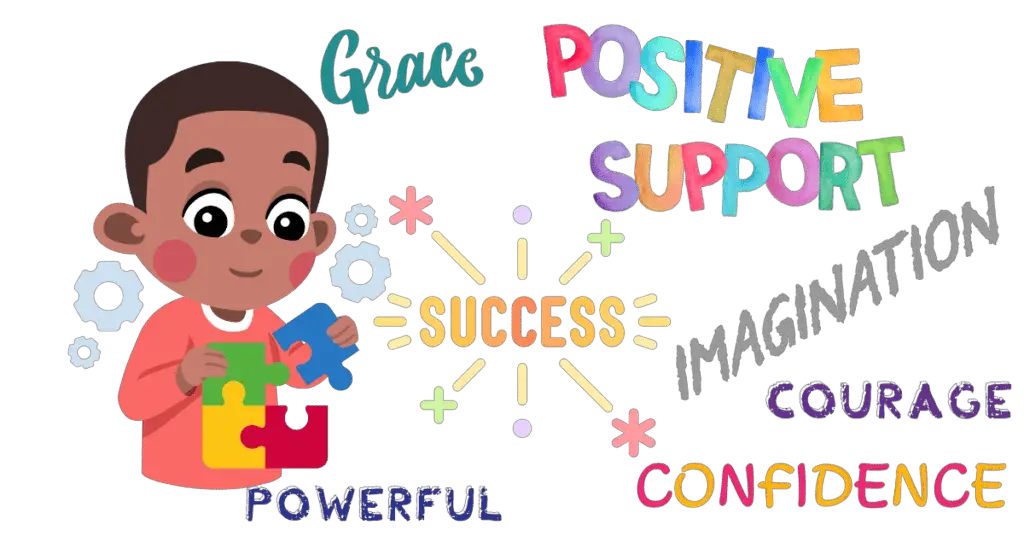 Cartoon image of a child placing the last piece of a puzzle surrounded by gears indicating working and thinking. Also in the image are the words and phrases indicating what the author hopes this article inspires: grace, positive support, imagination, courage, confidence, powerful, and success.